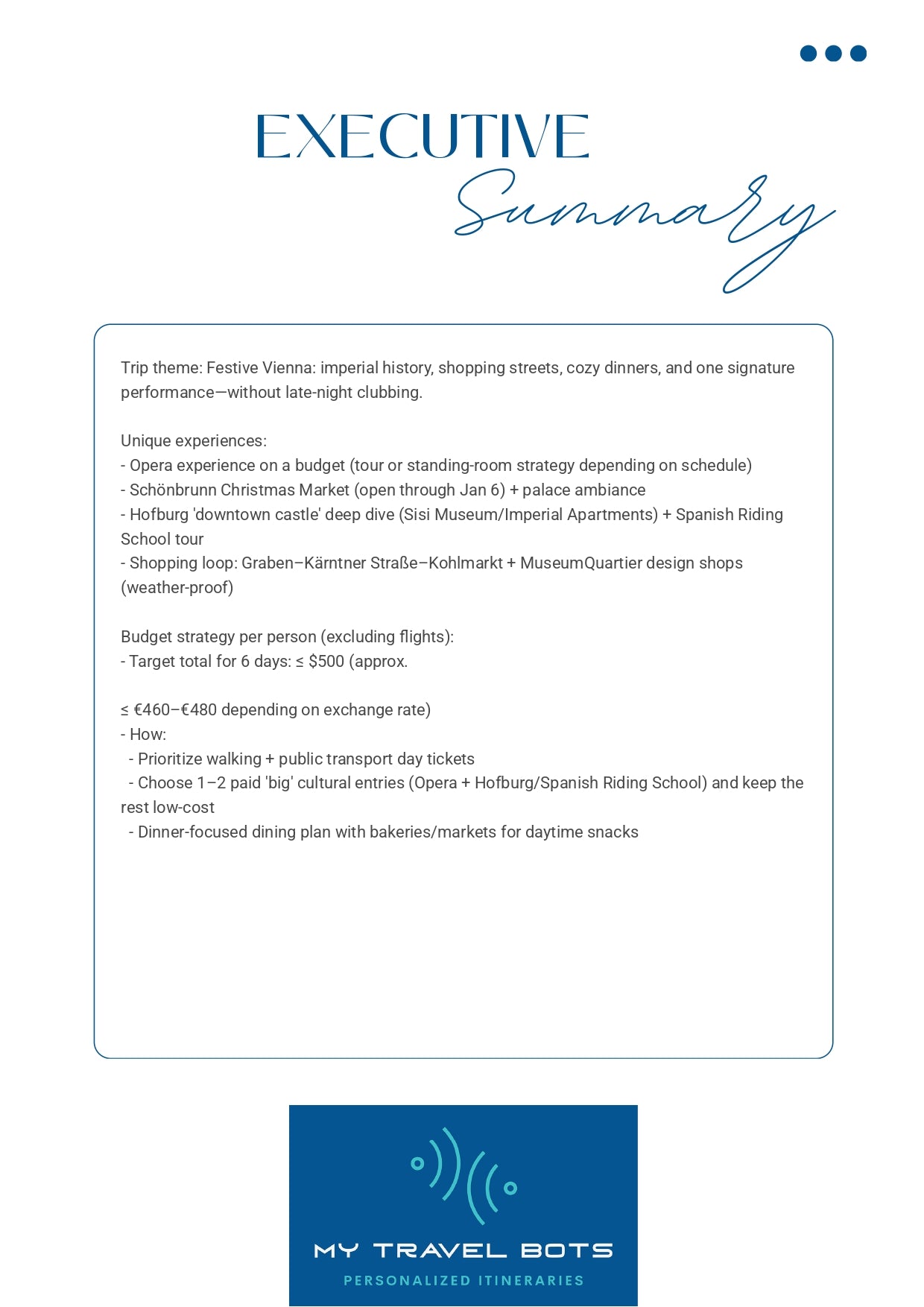 Personalized Travel-Itinerary Service Created Exclusively For You Executive Summary MyTravelBotsCom