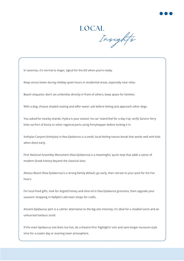 Sample local insights page from a MyTravelBots itinerary, with local etiquette tips, venue advice, language notes, and on-the-ground guidance specific to the destination