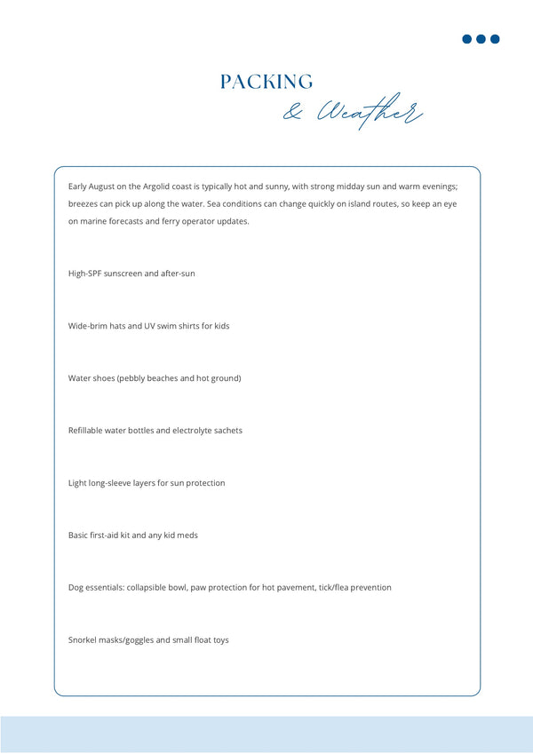 Sample packing and weather page from a MyTravelBots itinerary — season-specific weather context plus a destination-specific packing checklist