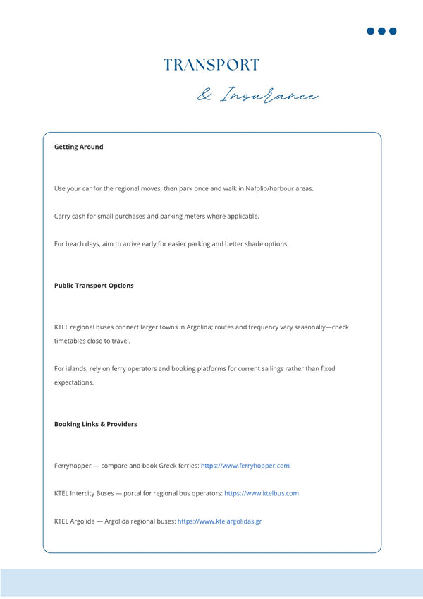 Sample transport and insurance page from a MyTravelBots itinerary — driving and parking tips, public transport with official timetable links, and booking providers for ferries and onward connections