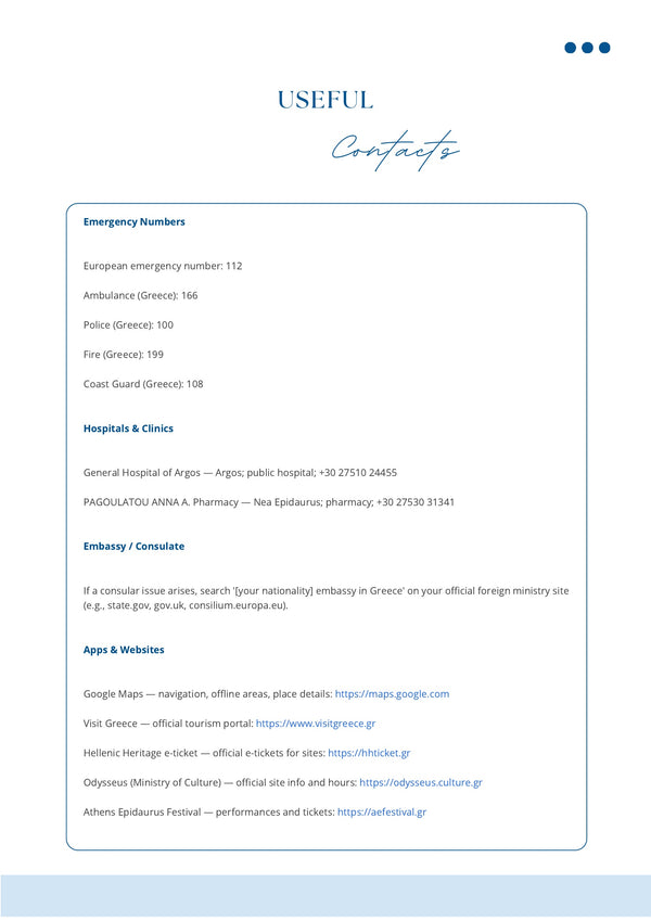Sample useful contacts page from a MyTravelBots itinerary — European emergency number, country-specific ambulance, police, fire and coast guard lines, nearest hospitals with phone numbers, embassy guidance, and verified apps and ticketing websites